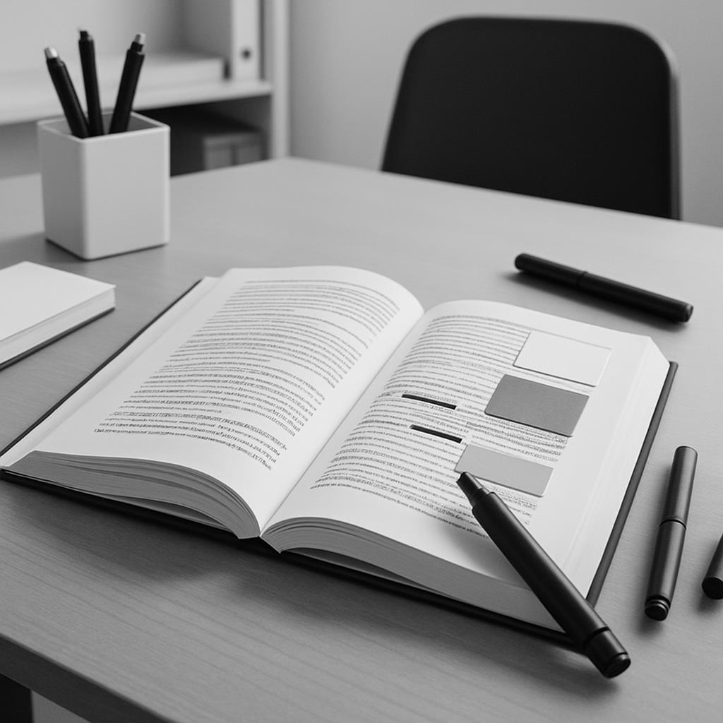 Une image de bureau en noir et blanc avec un livre ouvert sur une table.